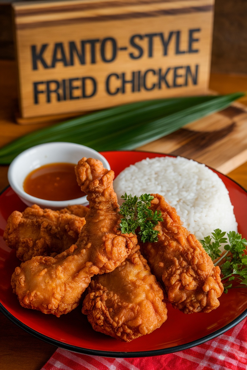 Crispy Kanto-style fried chicken served on a red plate with parsley and dipping sauce.